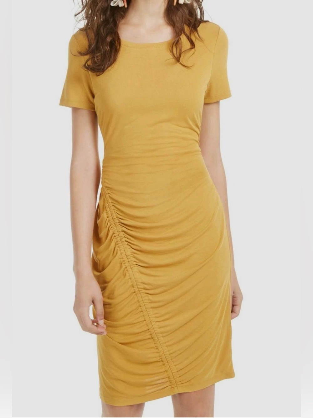 Juniors Ultra Flirt Ruched Bodycon Short Sleeve Dress Yellow Spruce Size XS